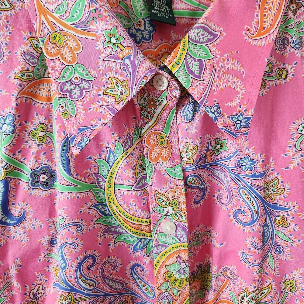 Lauren Ralph Lauren Cotton Pink Paisley Button-Down Blouse Barbie Core XL - Picture 5 of 9